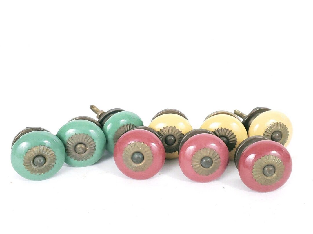 VTG Door Cabinet Knobs Drawer Pulls 9-pc Ceramic Teal Red Yellow ...