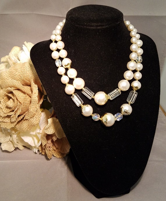 Vintage Faux Pearl And Crystal Double Strand Neckl