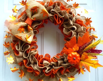 Fall Wreaths for Front Door/Autumn Wreath/Wreaths for Front Door/ Ribbon Wreath/Fall Burlap Wreath/ Maple Leaf Wreath/Fall Door Decor