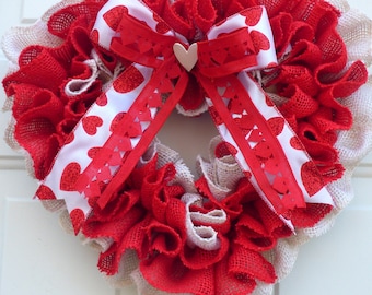 Valentine Wreath for Front Door, Red and White Valentine Wreath, Valentine’s Day Burlap Wreath, Red Heart Wreath for Valentine’s Day