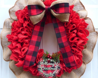 Farmhouse Christmas Wreath/ Plaid Christmas Wreath/ Christmas Wreath for Front Door/ Burlap Christmas Wreath/ Modern Winter Wreath