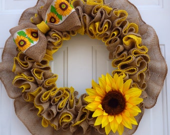 Sunflower Burlap Wreath for Front Door, Sunflower Wreaths, Sunflower Door Decor, Sunflower Door Hanger, Summer Wreaths with Sunflower