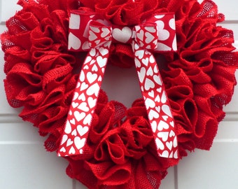 Valentines Wreaths for Front Door, Valentine’s Day Burlap Heart Wreath for Front Door, Red Heart Shaped Wreath for Valentine’s Day