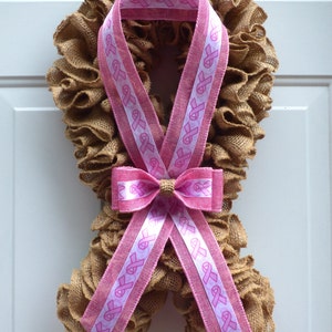 Handmade Burlap Breast Cancer Awareness Wreath with Pink Ribbon