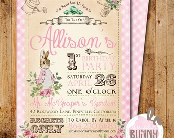 Printable Pink Peter Rabbit 1st Birthday or Baby Shower Invitation