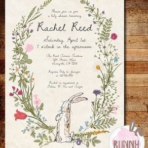 Stampabile il baby shower del coniglio di velluto o l'invito per il primo compleanno
