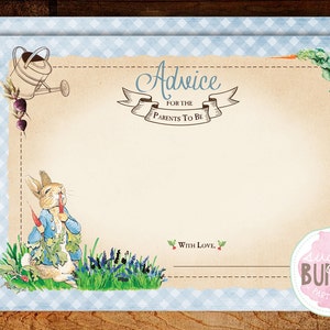 May include: A baby shower advice card with a watercolor illustration of Peter Rabbit. The card features the text "Advice for the Parents to Be" and a gingham border. A watering can and vegetables are also depicted.