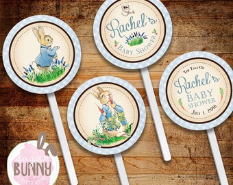 May include: Three round, blue and white checkered cupcake toppers featuring illustrations of Peter Rabbit. The toppers have text that reads "Rachel's Baby Shower" and "The Tale of Rachel's Baby Shower July 1, 2016".