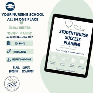 以下が含まれることがあります： タブレット画面に表示された看護学生用デジタルプランナー。Student Nurse Success Planner、August 2026-July 2027、Plan. Study. Succeed. Graduateというテキストが記載されています。インターフェースには、学業計画や臨床での成功を示すアイコンが含まれています。