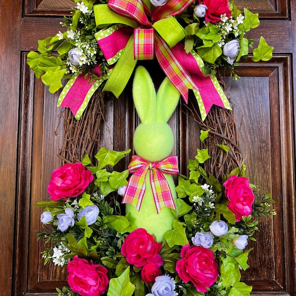 Easter Bunny Wreath for Front Door, Easter Swag, Rabbit Wreath, Flocked Bunny Spring Wreath, XL Easter Wreath, Easter Door Hanger