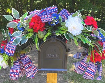 Patriotic Mailbox Topper, 250 Anniversary Wreath Bow, July 4th Yard Decor, Independence Day Decor, Flower Mailbox Cover, Red White Blue