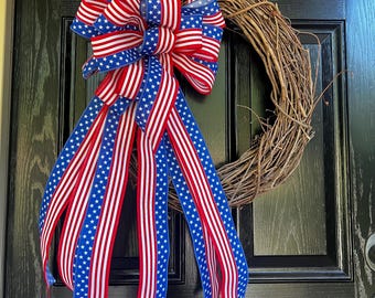Large Patriotic Wreath Bow, 14 x 30, 250 USA Anniversary Handmade Bow, July 4th Bow, Stars and Stripes Decor, Red White Blue Bow