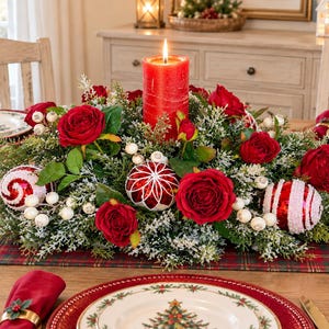 Christmas Centerpiece for Table, Red White Winter Floral Arrangement, Long Low Table Centerpiece, Roses and Ornaments, Candle Ring Holder