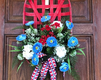Patriotic Floral Basket Door Hanger, Red White Blue Summer Wreath, 4th of July Door Decor, USA 250 Patriotic Door Hanger, Mother's Day Gift