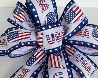 Patriotic USA Ribbon Bow, July 4th Decor, Red White Blue