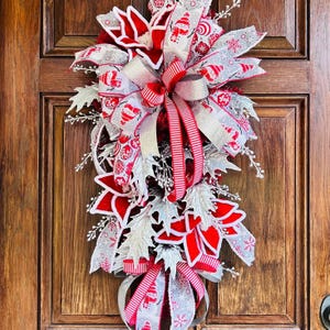 Winter Christmas Pine Swag with Silver Holly, Red Velvet Poinsettias and Designer Bow, Holiday & Winter Door Decor