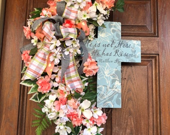 Christian Wreath for Front Door, Floral Door Decor, Religious Cross Wall Hanging, Spring Easter Wreath, Scripture Dogwood Grapevine Wreath