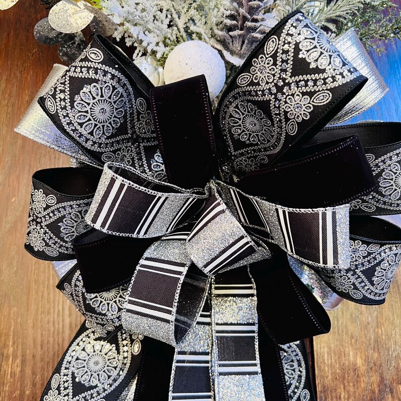 Black and Silver Christmas Tree Topper, Holiday Ribbon With Silver