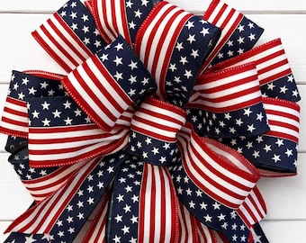 Large Patriotic Wreath Bow, 250 USA Anniversary Handmade Bow, July 4th Bow, Stars and Stripes Decor, Memorial Day Bow, Red White Blue Bow