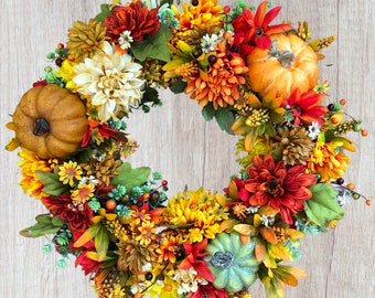 Fall Wreath for Door, Fall Candle Arrangement, Pumpkin Centerpiece, Table Arrangement for Thanksgiving, Compact Autumn Wreath
