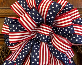 Large Patriotic Wreath Bow, 250 USA Anniversary Handmade Bow, July 4th Bow, Stars and Stripes Decor, Memorial Day Bow, Red White Blue Bow
