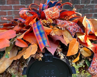 Fall Mailbox Topper: Birch & Magnolia Leaves with Designer Bow, Outdoor Thanksgiving Decor, Mailbox Cover with Blue Accents