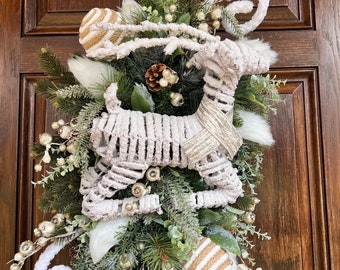 Winter Wreath for Front Door, Winter Swag, Oval Winter Wreath, Snowy Wreath, White Deer Wreath