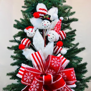 Christmas Tree Topper Bow with Long Streamers, Red White Christmas Ribbon Topper, Whimsical Holiday Tree Topper, Snowman Ornaments