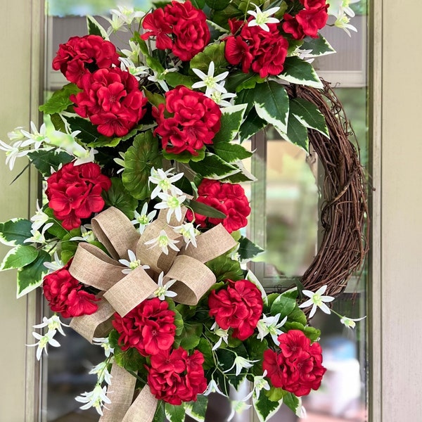 Spring Wreath for Door, Garden Style Wreath, Red Geranium, Summer Wreath, Cottage Style Wreath, Mother's Day Gift, Artificial Flower Wreath