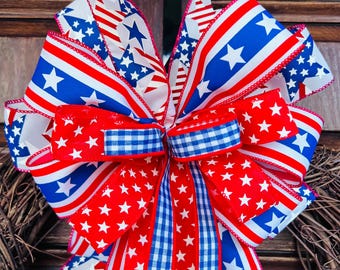 Patriotic Bow for Wreath, 250 USA Anniversary Bow, July 4th Bow, Stars and Stripes Decor, Independence Day, Memorial Day Bow