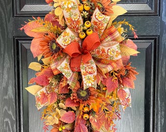 Fall Wreath for Front Door, Autumn Door Hanging, Thanksgiving Decor, Fall Teardrop Swag, Sunflower Pumpkin Door Hanger