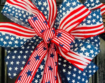 Patriotic Bow for Wreath, 14 x 28, 250 USA Anniversary Bow, July 4th Bow, Stars and Stripes Decor, Independence Day, Mailbox Decoration