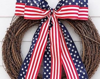Patriotic Wreath Bow, 250 USA Anniversary Handmade Bow, July 4th Bow, Stars and Stripes Decor, Memorial Day Bow, Red White Blue Bow