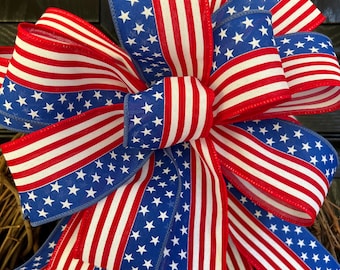 Large Patriotic Wreath Bow, 250 USA Anniversary Handmade Bow, July 4th Bow, Stars and Stripes Decor, Memorial Day Bow, Red White Blue Bow