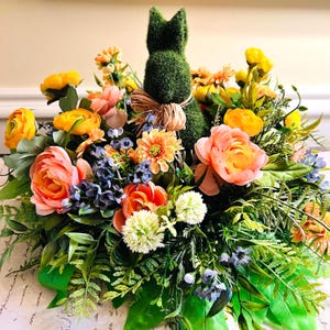 Summer Centerpiece for Table, Flocked Moss Bunny Spring Centerpiece, Ranunculus Arrangement, Yellow Mini Ranunculus, Porch Flower Decor