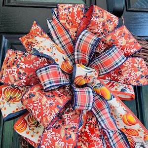 Large Fall Bow 14”x28”, Navy Blue Orange Plaid and Pumpkin, Autumn Door, Thanksgiving Big Wreath Bow, Bead Grass Bow, Handcrafted Fall Decor