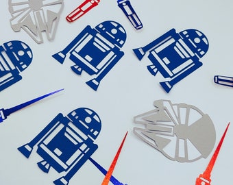 Confeti de Galactic Wars: Decoración de cumpleaños con robot, nave espacial y sable de luz (120 piezas)