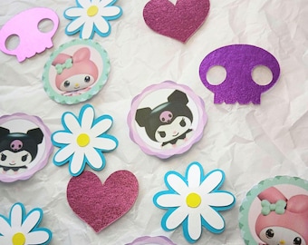 Mezcla de confeti Melody y Kuromi – Decoración de fiesta en tonos pastel, corazones y calaveras metálicas, 120 piezas de confeti para mesa inspirado en Sanrio