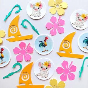 May include: A selection of colourful, cut-out decorations with a tropical theme. The image includes yellow and pink hibiscus flowers, orange sailboats, and teal fish hooks. Round cutouts depict a pig with a flower crown and a rooster.