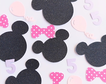 Confeti de cumpleaños de ratón: lazo rosa, globos, 5 años - 120 piezas