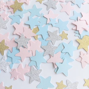 Confeti de estrellas brillantes - Azul pastel y rosa - Brillantina dorada y plateada - Revelación de género - Dispersar en la mesa - Chispas para bebés - 240 piezas - Baby Shower