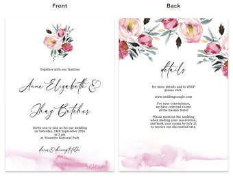 Personalized Wedding Invitation Cards Pink Flowers and Watercolor Background cw62