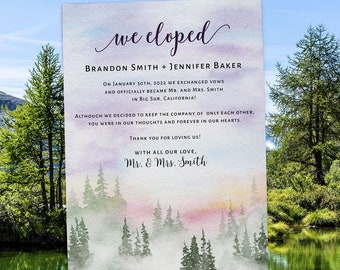 Dreamy We Eloped Wedding Elopement Announcement Card, Mountain and Misty Forest Wedding #414
