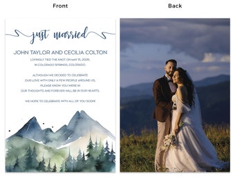 Just Married Watercolor Scenic Mountain Outdoors Wedding Elopement Announcement Cards 752