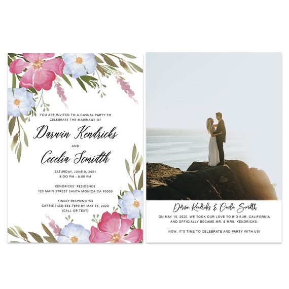 Floral Wedding Elopement Announcement And Party Reception Etsy
