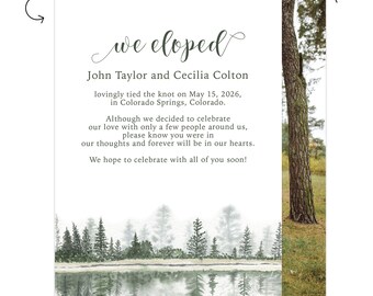 We Eloped Custom Wedding Elopement Announcement Cards, Scenic Watercolor Design, Outdoor Wedding #737