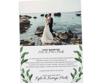 Just Married Elopement Announcement Card with photo, Printed,  Wedding Elopement Announcement Cards #123