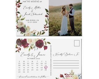 Save the Date Postcards with Photo, Wedding Save the Date Post Cards, Vintage Floral Save the Date Cards, Calendar Save the Date std111
