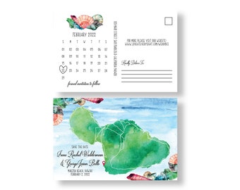 Wedding Destination Maui Hawaii Map Custom Personalized Postcaards, Any island is possible Save the Date Cards Watercolor Summer STD208