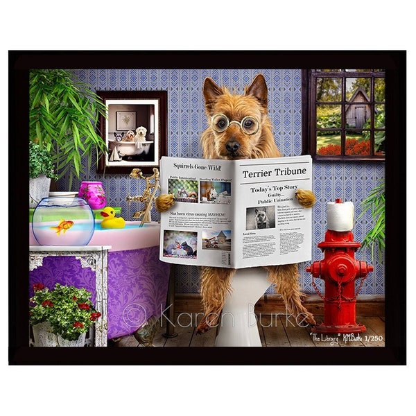 THE LIBRARY, Karen Burke, Australian Terrier, AKC, limited edition, funny, glossy metal print, wood frame, dog on toilet, custom request